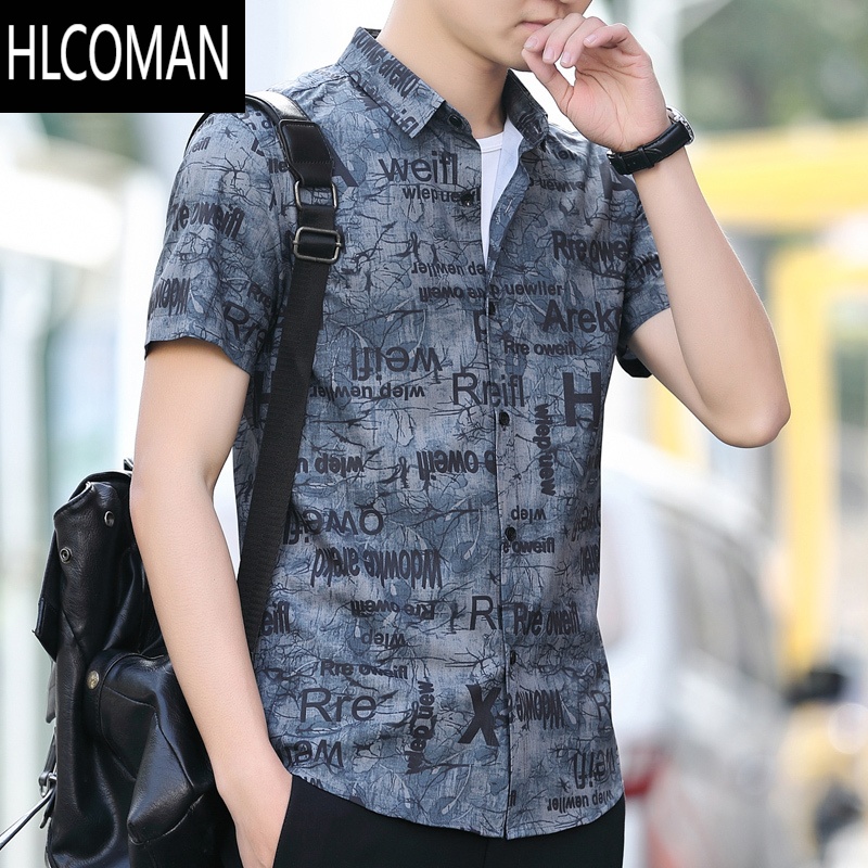 HLCOMAN2025夏季男士短袖衬衫韩版潮流修身痞帅花上衣服冰丝薄款凉爽寸衫