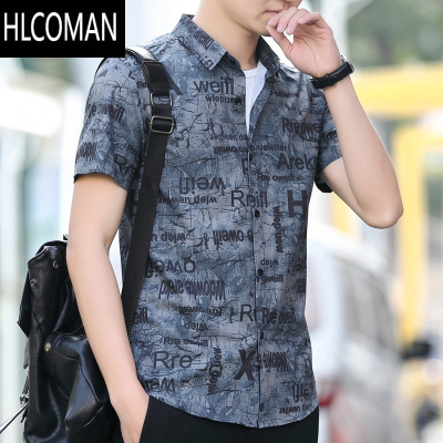 HLCOMAN2025夏季男士短袖衬衫韩版潮流修身痞帅花上衣服冰丝薄款凉爽寸衫