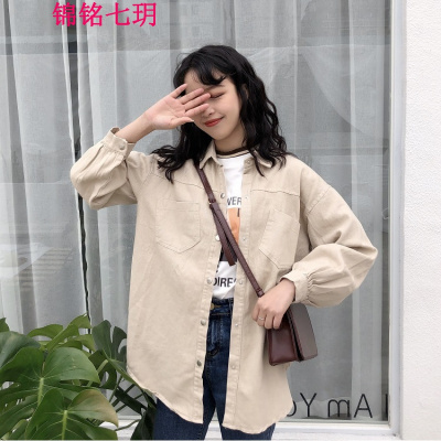 锦铭七玥女装2018春季韩版f风宽松口袋气质百搭牛仔休闲衬衣外套女