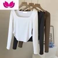 七斓U型领别致设计感小众长袖t恤女装修身内搭纯欲短款打底衫上衣