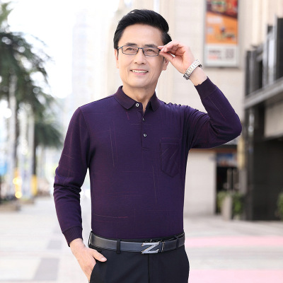 中年男士长袖简约T恤百搭polo衫 秋季真口袋商务休闲翻领爸爸T恤