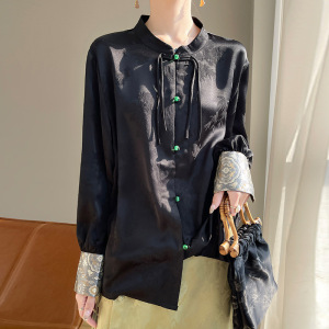 年新中式国风改良仿真丝衬衫女提花醋酸丝绸缎面立领上衣外套