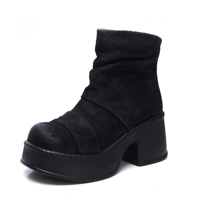 设计师头层牛皮马丁靴女粗跟短靴女打蜡牛反绒重工酸洗旧化工艺