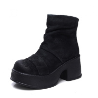 设计师头层牛皮马丁靴女粗跟短靴女打蜡牛反绒重工酸洗旧化工艺