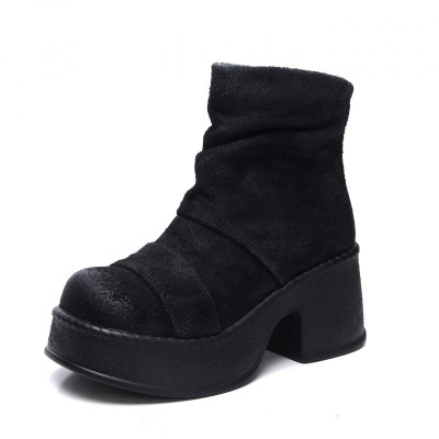 设计师头层牛皮马丁靴女粗跟短靴女打蜡牛反绒重工酸洗旧化工艺