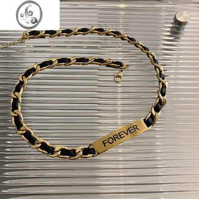 JiMi小众设计感皮质拼接字母钛钢项链网红黑色皮绳锁骨链时尚百搭颈链