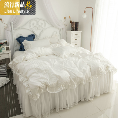 韩式棉蕾丝床裙四件套床品公主风棉荷叶花边被套1.8m床上用品 三维工匠