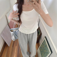 方领正肩显瘦白色短袖女夏季新款纯欲甜辣风不规则下摆T恤ins