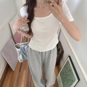 方领正肩显瘦白色短袖女夏季新款纯欲甜辣风不规则下摆T恤ins