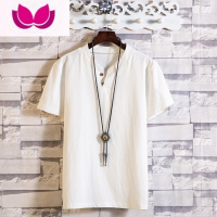 七斓夏季休闲亚麻短袖衬衫男士无领套头棉麻衬衣透气薄款麻布半袖上衣