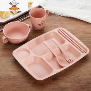 日式创意小麦秸秆餐具儿童餐盘套装宝宝防摔家用卡通分格盘快餐盘 [新疆西藏不到] 敬平