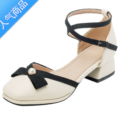 SUNTEK包头凉鞋女仙女风粗跟2023夏季小香风交叉绑带中跟复古法式玛丽珍