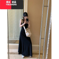 YIBUSHENG优黛甜心~灰色简约吊带长裙女季纯欲方领收腰背心连衣裙