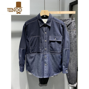 YANXU2023秋季新款男士纯色休闲长袖衬衫牛仔潮流拼接撞色宽松衬衣外套