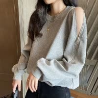 秋冬季长袖露肩拉链卫衣女宽松韩版圆领薄款T恤女士外套上衣女装
