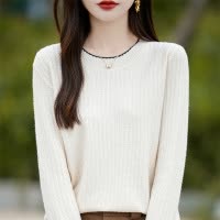 春秋冬新款安迪绒长袖针织衫女士圆领套头上衣坑条打底衫毛衣