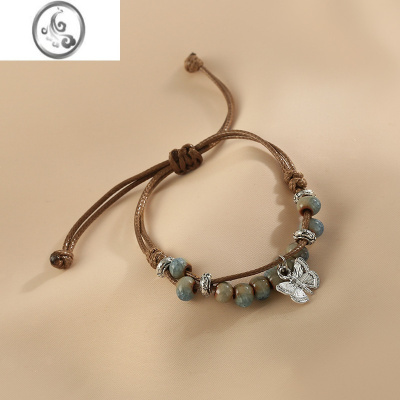 JiMi复古民族风编织蝴蝶手链女夏季2023新款国风元素中式串珠手饰