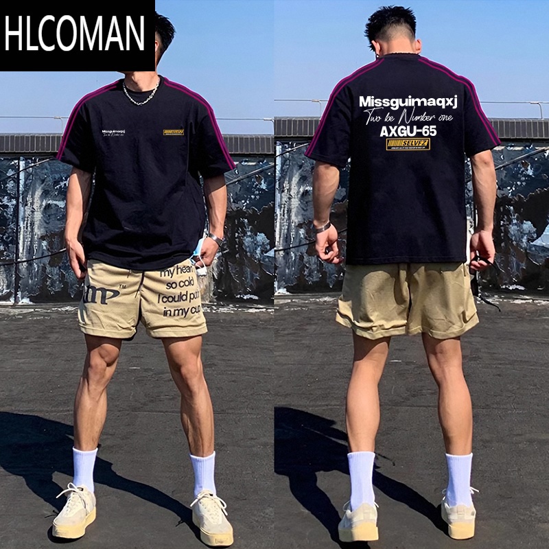 HLCOMAN美式潮牌时尚印花圆领条纹半袖T恤男夏款260g短袖上衣服