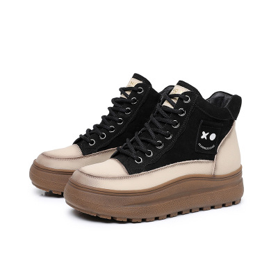 靴子女秋冬短靴真皮马丁靴拼色复古女鞋头层牛皮民族风运动鞋