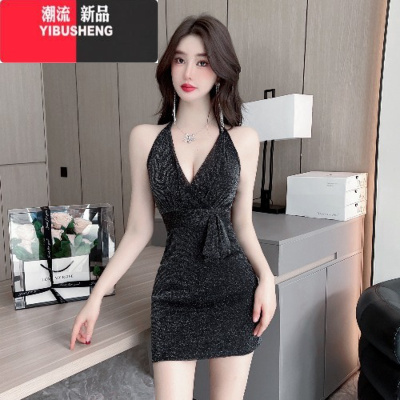 YIBUSHENG性感名媛风挂脖露背连衣裙收腰夜店女装修身气质显瘦弹力包臀短裙