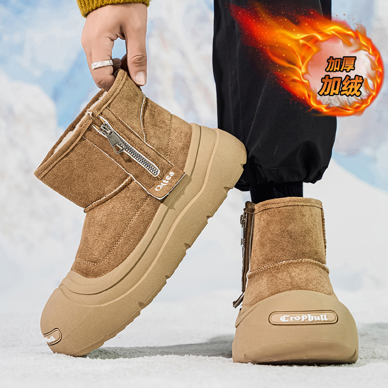 情侣款棉鞋室外包头便捷拉链保暖雪地靴透气绒面加绒加厚男鞋冬季