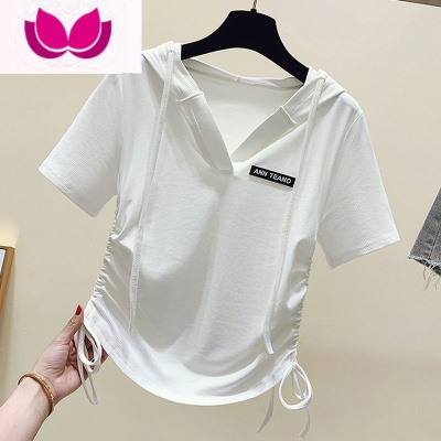 七斓连帽短袖t恤女装新款夏季韩版时尚不规则抽绳打底衫上衣服