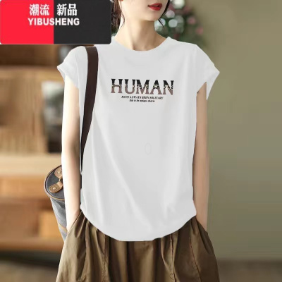 YIBUSHENG季新款胖mm圆领宽松上衣女韩版文艺印花大码显瘦无袖t恤女