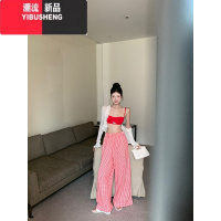 YIBUSHENG慵懒风红色格子休闲裤女季高腰宽松直筒薄款阔腿裤子遛弯裤长裤
