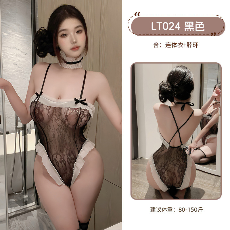 九里晴川蕾丝花边网纱透视连体衣魅力性感纯欲风睡衣诱惑小胸睡衣 九里晴川LT024[暗纹开裆连体衣] 均码