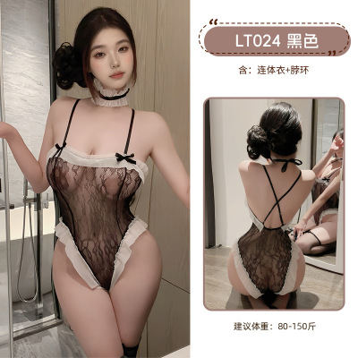 九里晴川蕾丝花边网纱透视连体衣魅力性感纯欲风睡衣诱惑小胸睡衣 九里晴川LT024[暗纹开裆连体衣] 均码