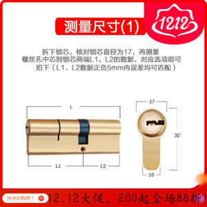 汐岩防盗通用型铜锁芯大锁锁心A 级房WJ锁双面铜锁芯锁