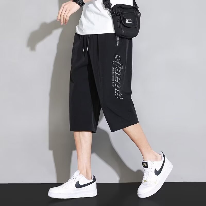 七分裤冰丝裤男士韩版大码时尚潮流休闭个性印花短裤