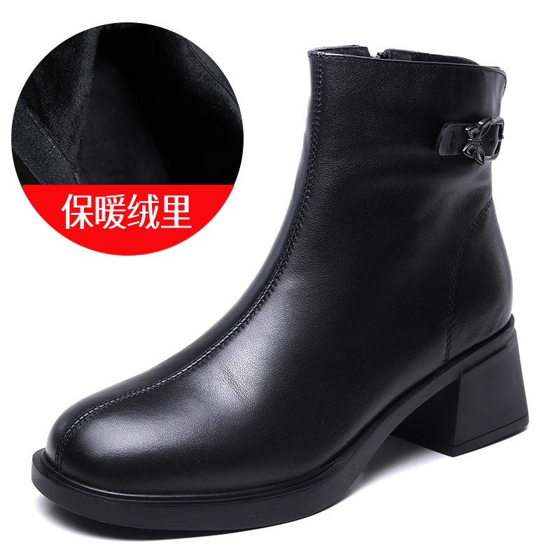 头层牛皮粗跟短靴女新款马丁靴气质时装靴韩版中跟加绒女皮靴