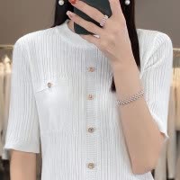 短袖T恤女 夏季新款女装冰丝半袖薄针织衫法式时尚针织衫外搭