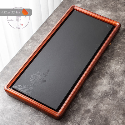 宫雁居乌金石头茶盘面板竹制框架排水套装茶台轻奢实木家用茶海现代简约办公室会客茶具茶盘