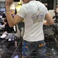 男士夏季短袖T恤男欧洲站个性潮牌修身圆领 重工皇冠烫钻潮流