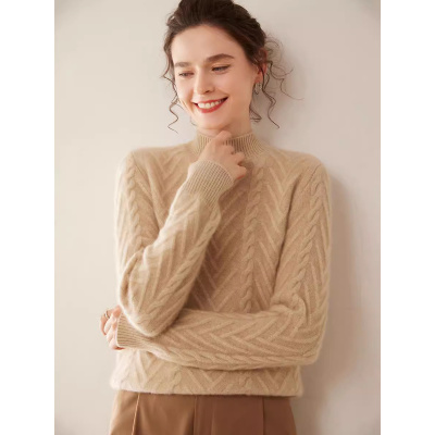 山羊绒衫女士半高领宽松百搭绞花针织衫加厚纯色毛衣打底衫秋冬款