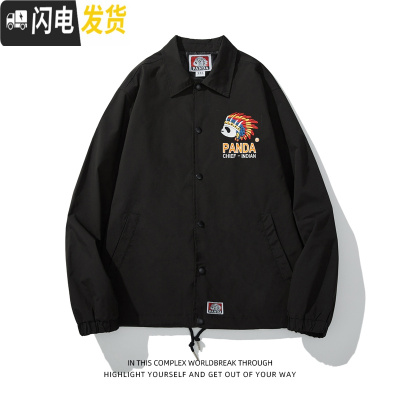 HLCOMAN熊猫组秋冬新款男士风衣教练夹克刺绣印第安外套个性卡通百搭情侣风衣