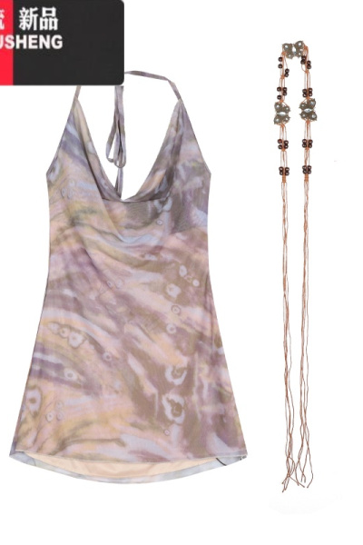 YIBUSHENG辣妹晕染V领挂脖吊带裙连衣裙女季收腰显瘦A字裙短裙子