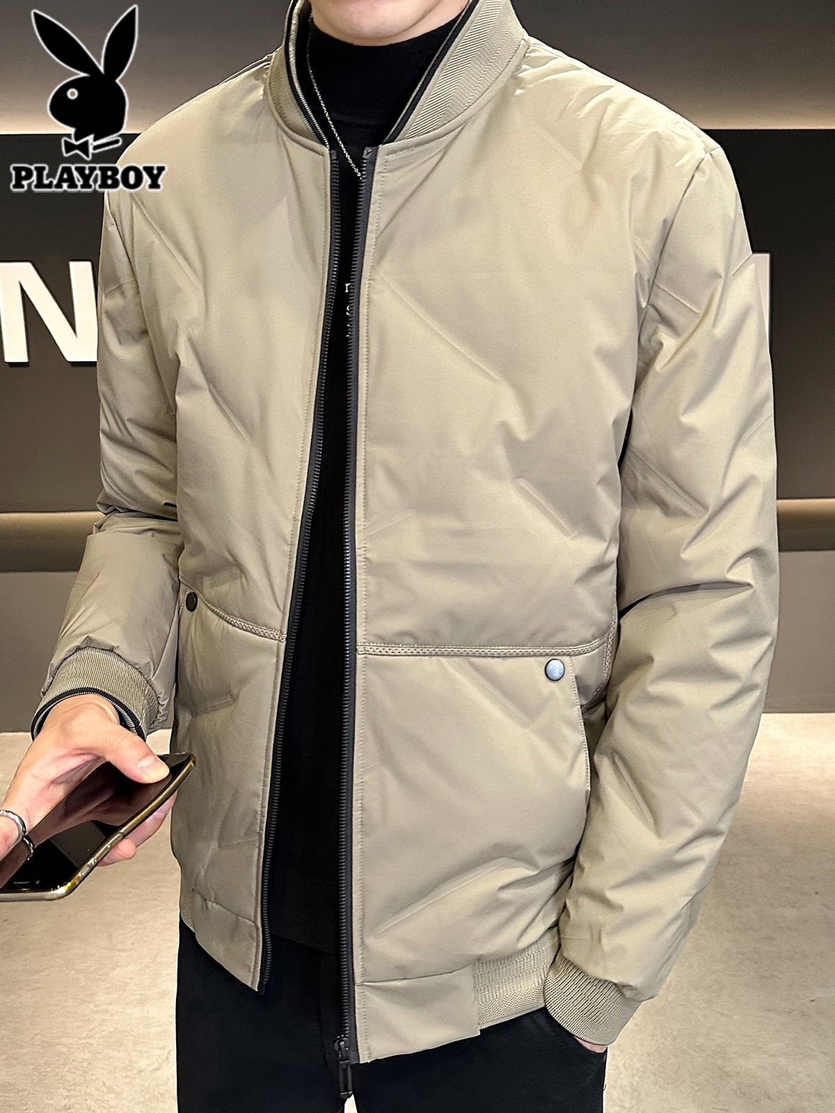 花花公子羽绒服男士修身帅气2025年冬季新款简约棒球领夹克外套男