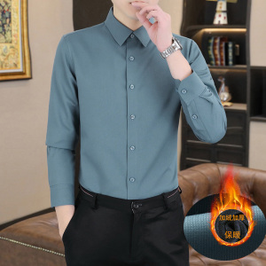 啄木鸟冬季一体绒衬衫男士长袖商务休闲弹力纯色加绒加厚保暖衬衣