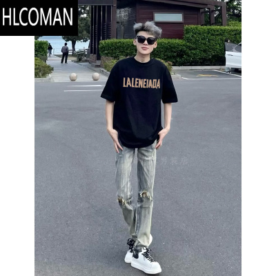 HLCOMAN黑色夏季短袖男款美式高街字母t恤男网红潮牌情侣半截袖