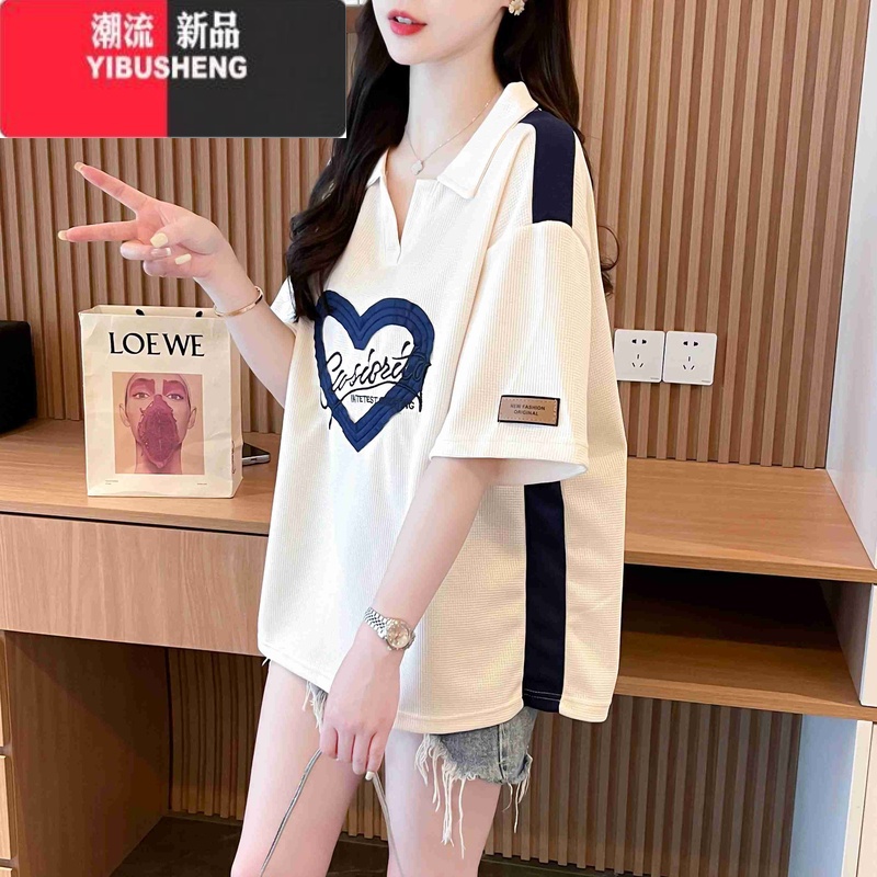 YIBUSHENG华夫格polo领短袖t恤女季2024新款大码胖mm显瘦遮肚V领上衣