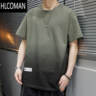 HLCOMAN短袖T恤男夏季宽松渐变色上衣服休闲宽松美式复古五分半袖男t