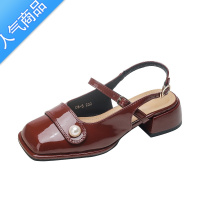 SUNTEK法式高跟包头凉鞋女款夏季配裙子粗跟方头透气单鞋百搭酒红色女鞋