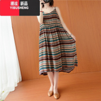 YIBUSHENG大码女装吊带连衣裙2021季新款宽松胖mm减龄条纹棉绸背心中长裙