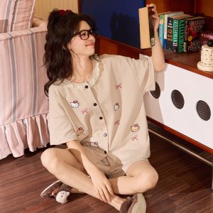 带胸垫仿棉睡衣女士夏季短袖高级感卡通韩版开衫可外穿家居服套装