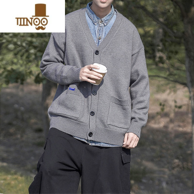 YANXU黑色开衫毛衣外套男宽松简约纯色V领针织衫港风潮牌情侣外套