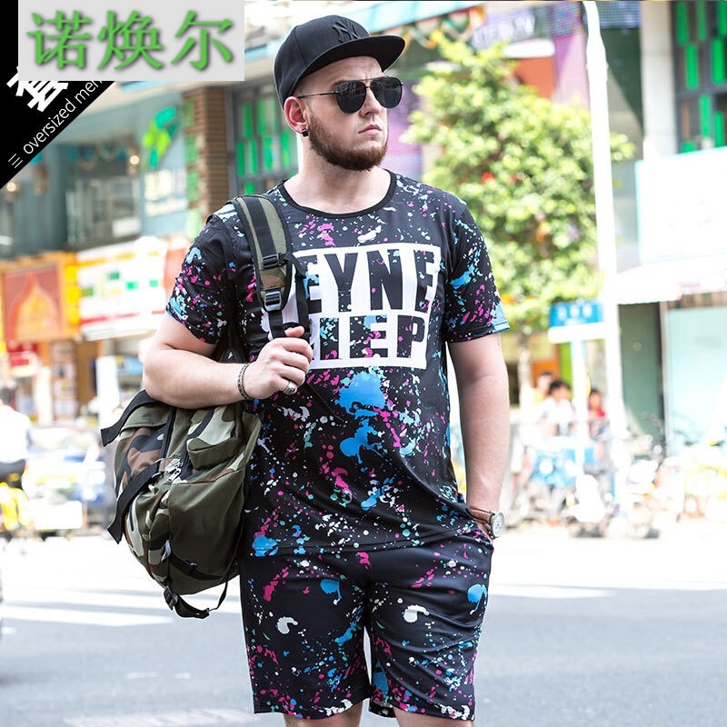 诺焕尔服饰男士休闲夏季T恤男短袖速干套装男宽松加大码胖子男装LSNEDM