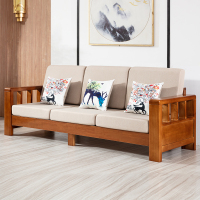 三圣 办公家具中式简约三人位实木沙发